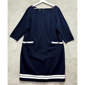 Talbots Shift Dress Womens 16W Blue Rayon Stretch Round Neck 3/4 Sleeve Back Zip